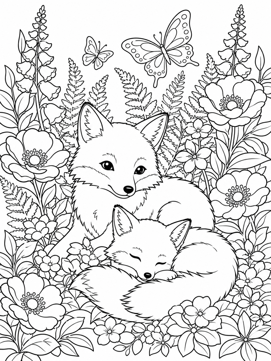 Fox Pair In Flowers — cute coloring pages for adults