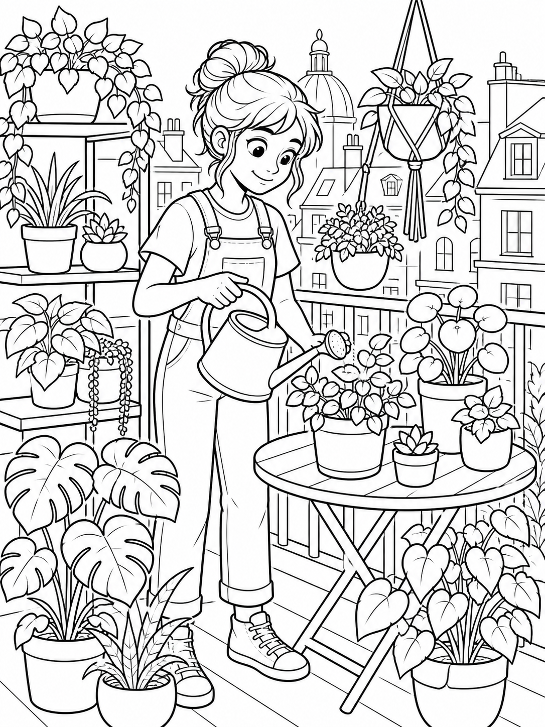 Girl Watering Plants In City — cute coloring pages for teens