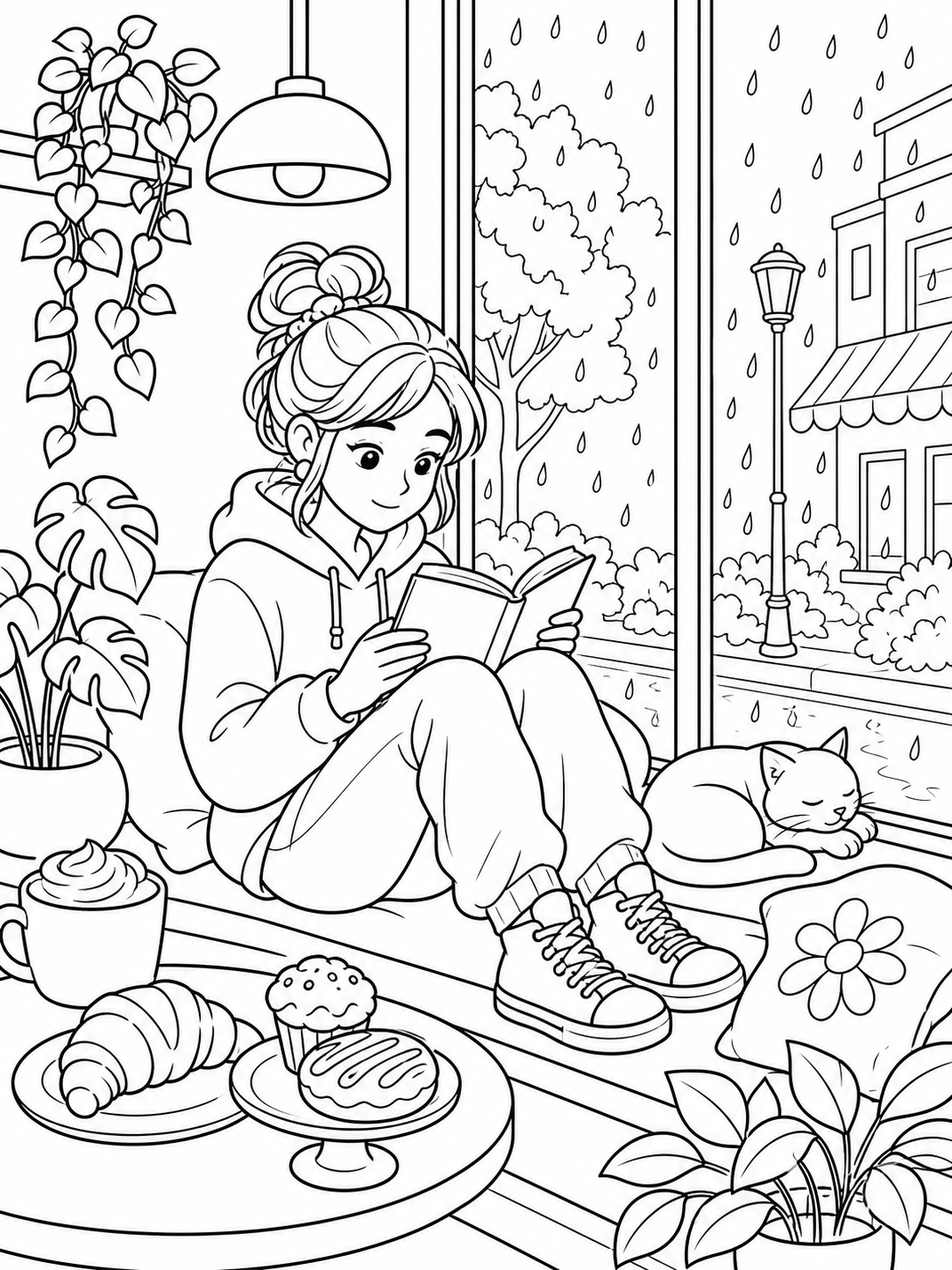 Girl Reading By Rainy Window — cute coloring pages for teens