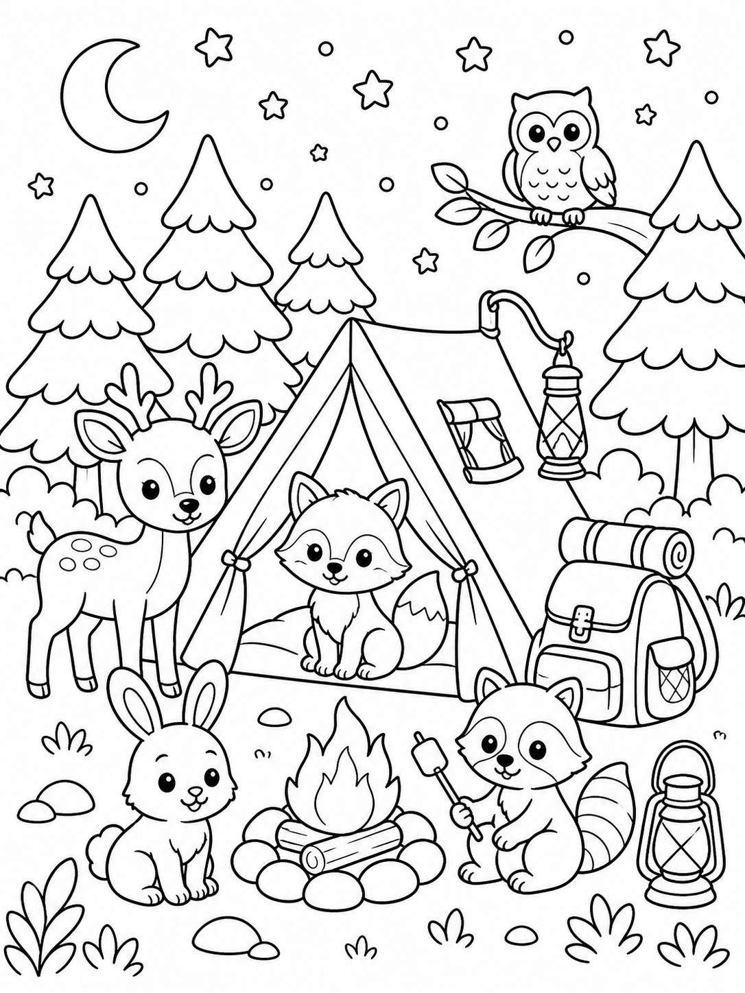Camping With Woodland Animals — cute coloring pages for teens