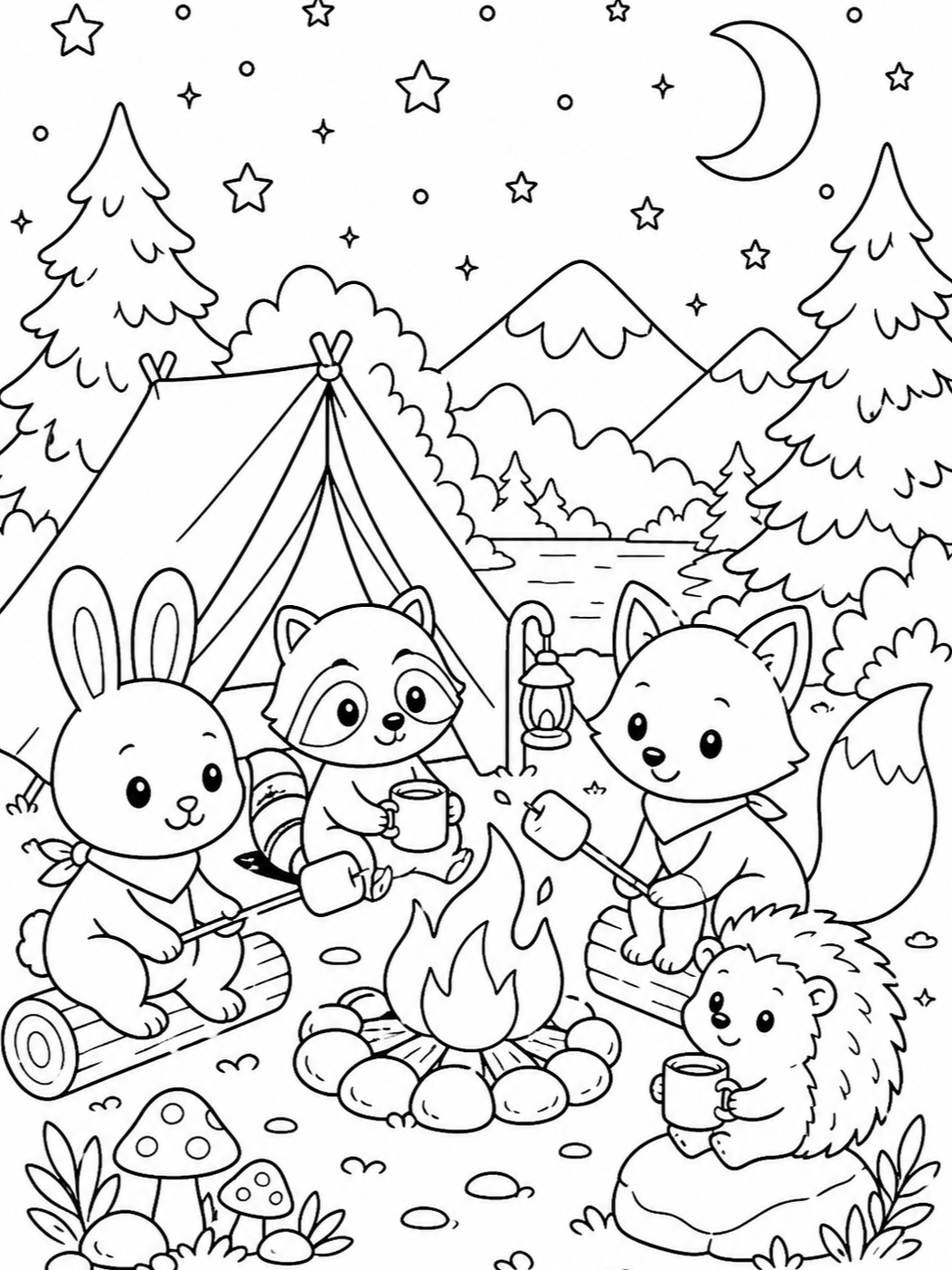 Woodland Campfire Animals — cute coloring pages