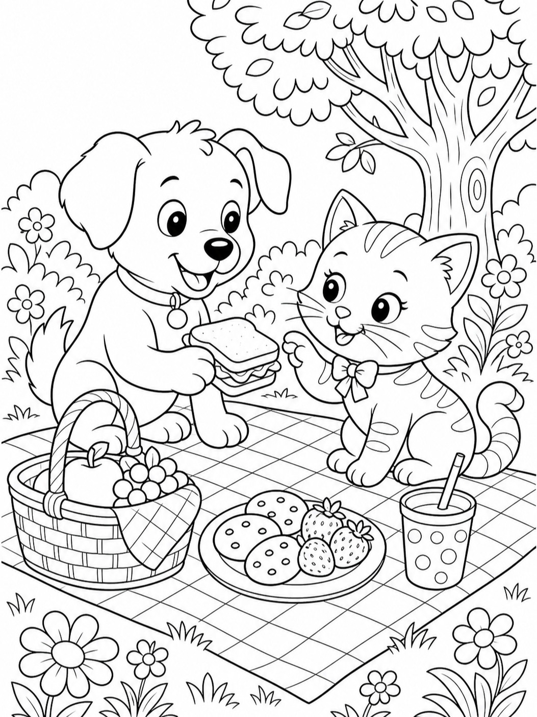 Puppy And Kitten Picnic — cute coloring pages