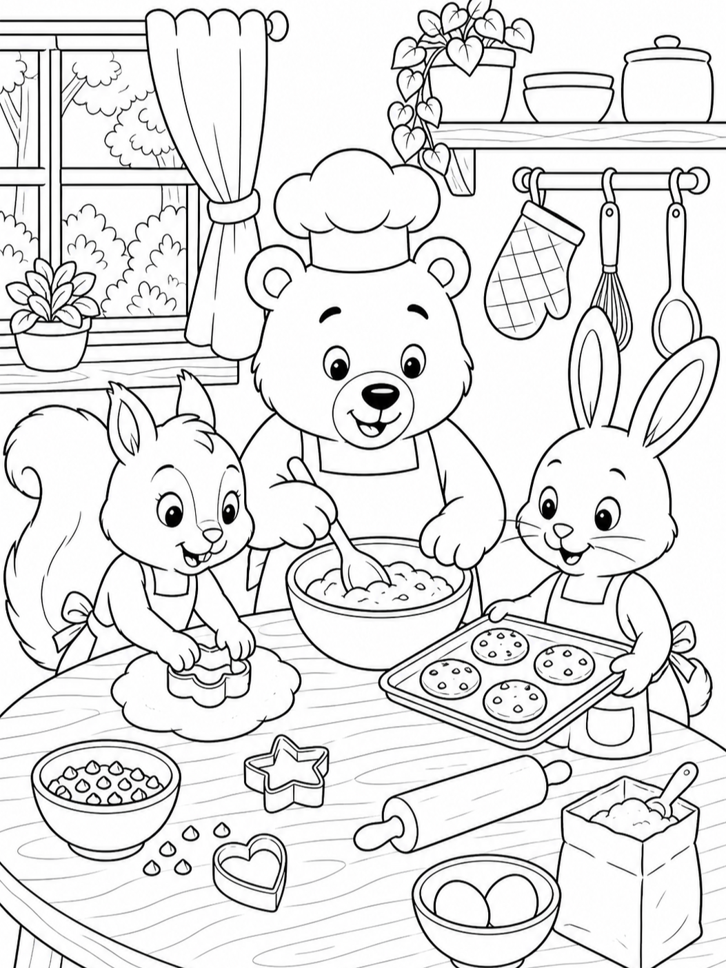 Bear Family Baking Cookies — cute coloring pages