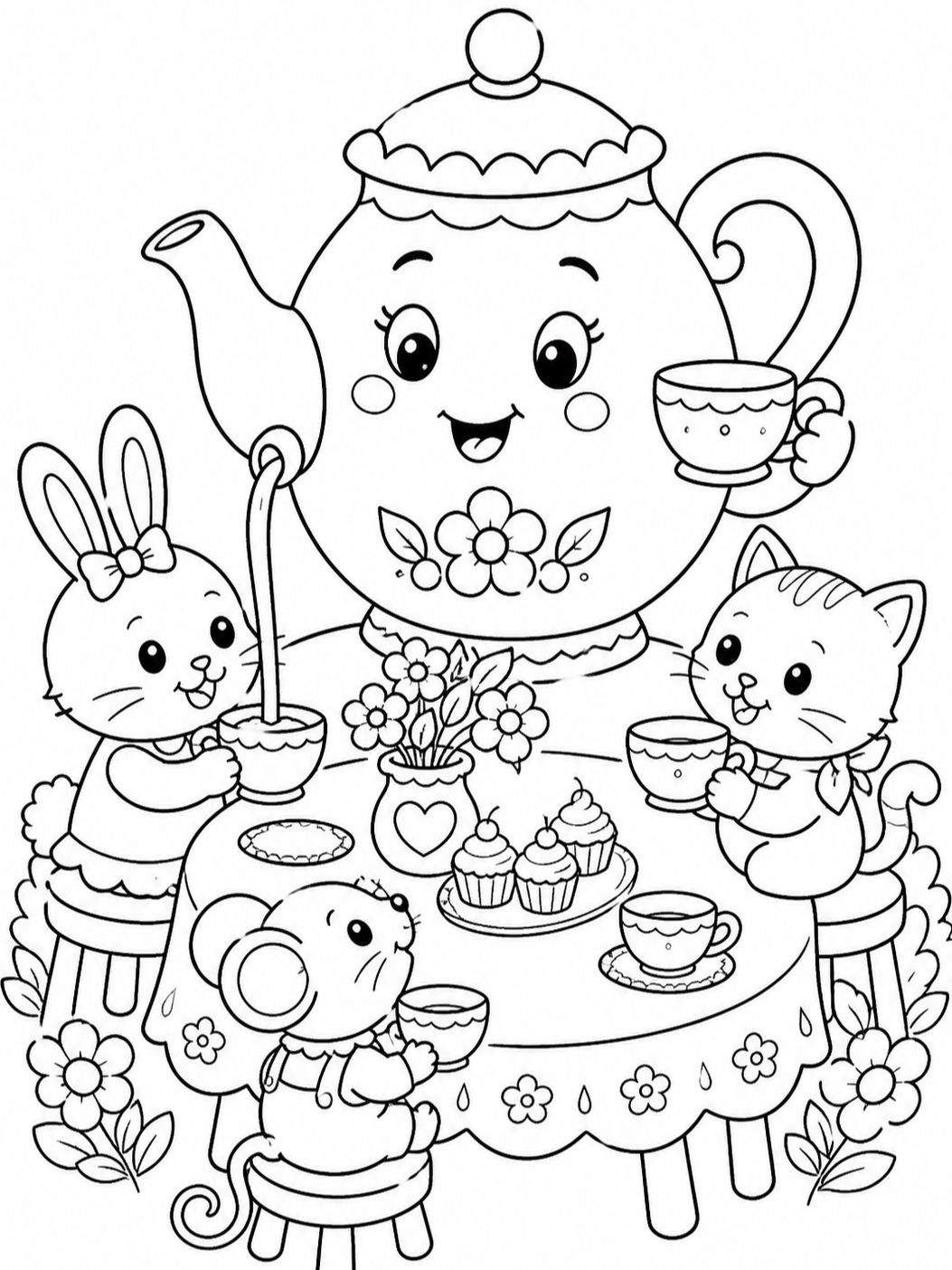 Teapot Tea Party With Bunnies — cute coloring pages