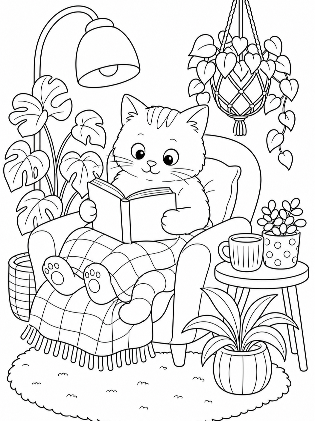 Cat Reading In Armchair — cute coloring pages