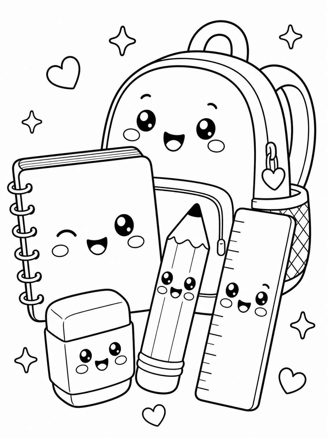 School Supplies Friends — cute kawaii coloring pages