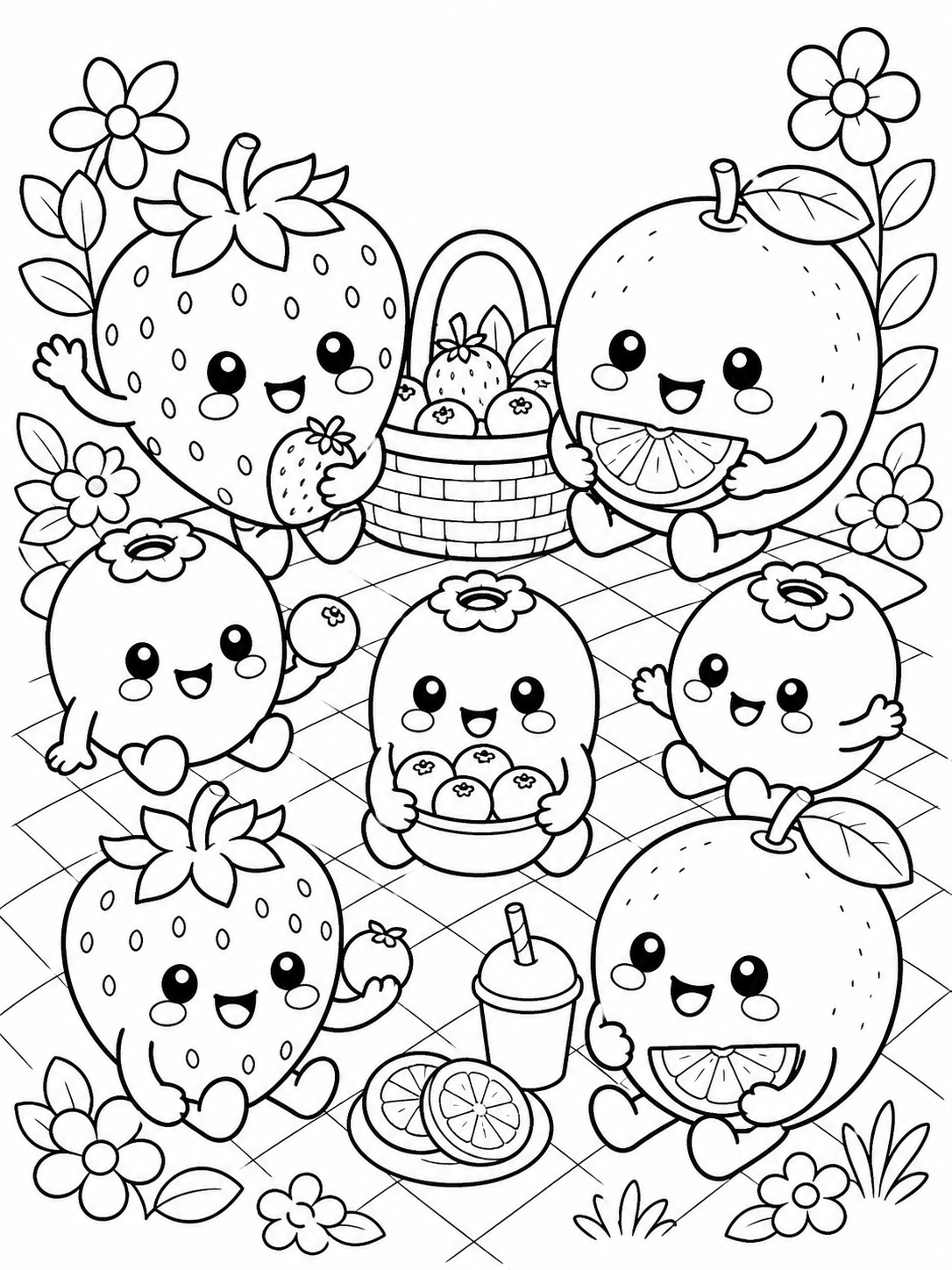 Kawaii Fruit Friends — cute kawaii coloring pages