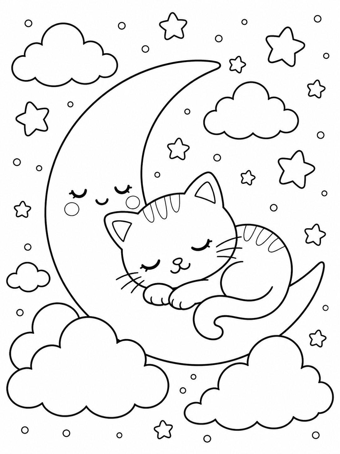 Sleeping Cat On Moon — cute kawaii coloring pages
