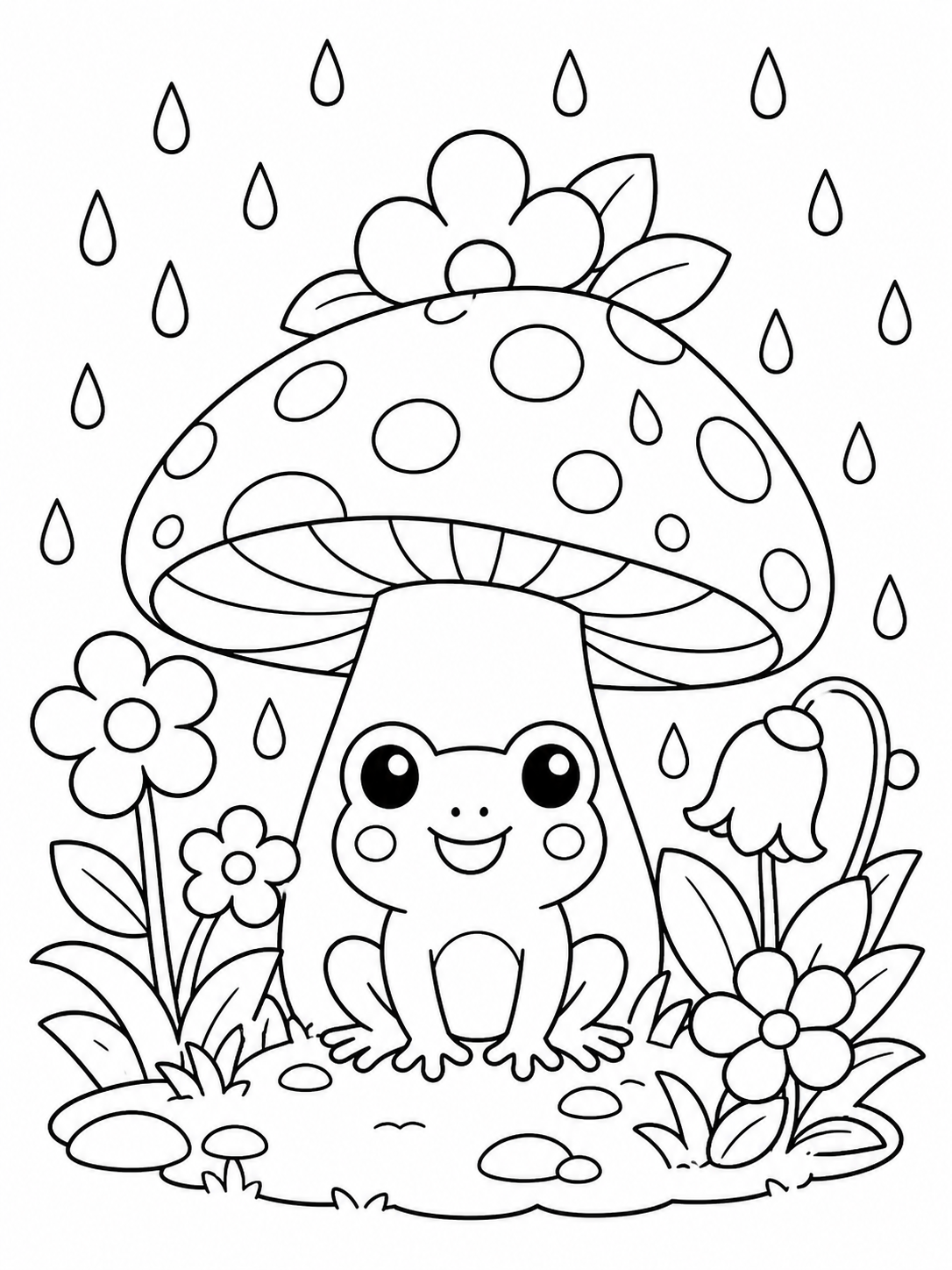 Frog Under Mushroom In Rain — cute kawaii coloring pages