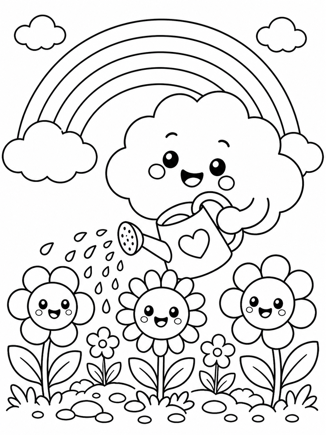 Cloud Watering Flowers — cute kawaii coloring pages