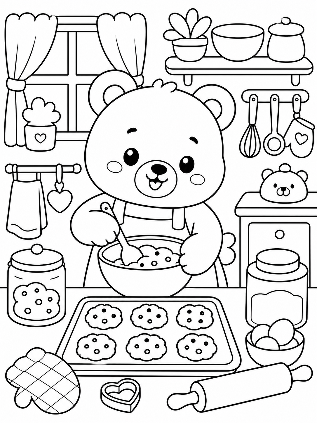 Baking Bear In Kitchen — cute kawaii coloring pages