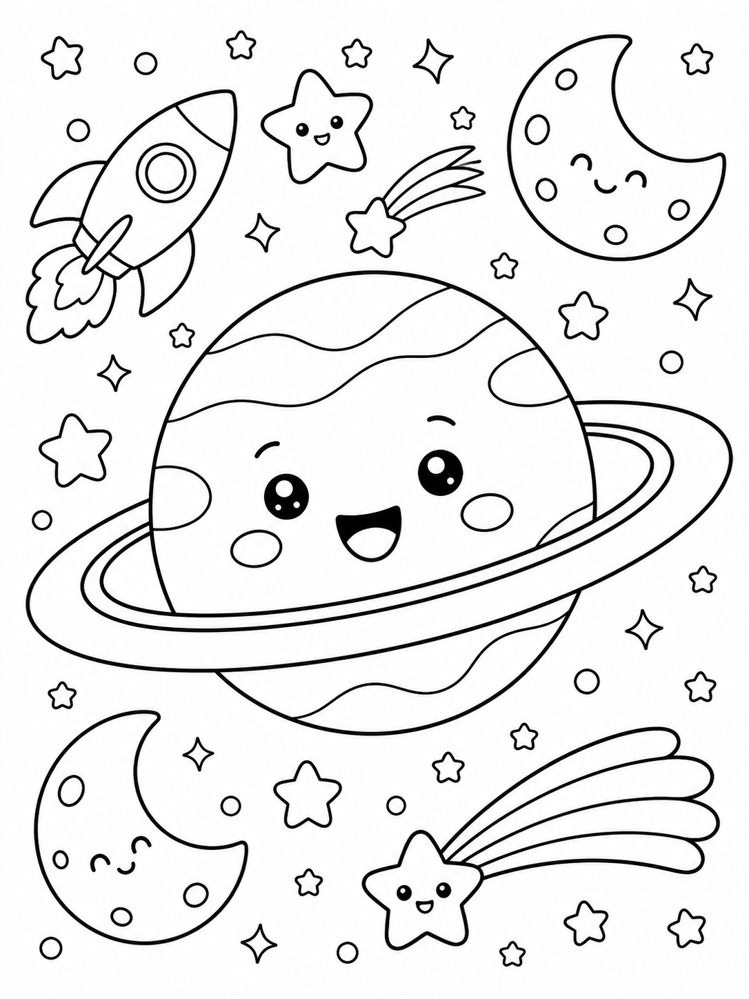 Space Planet And Rocket — cute kawaii coloring pages