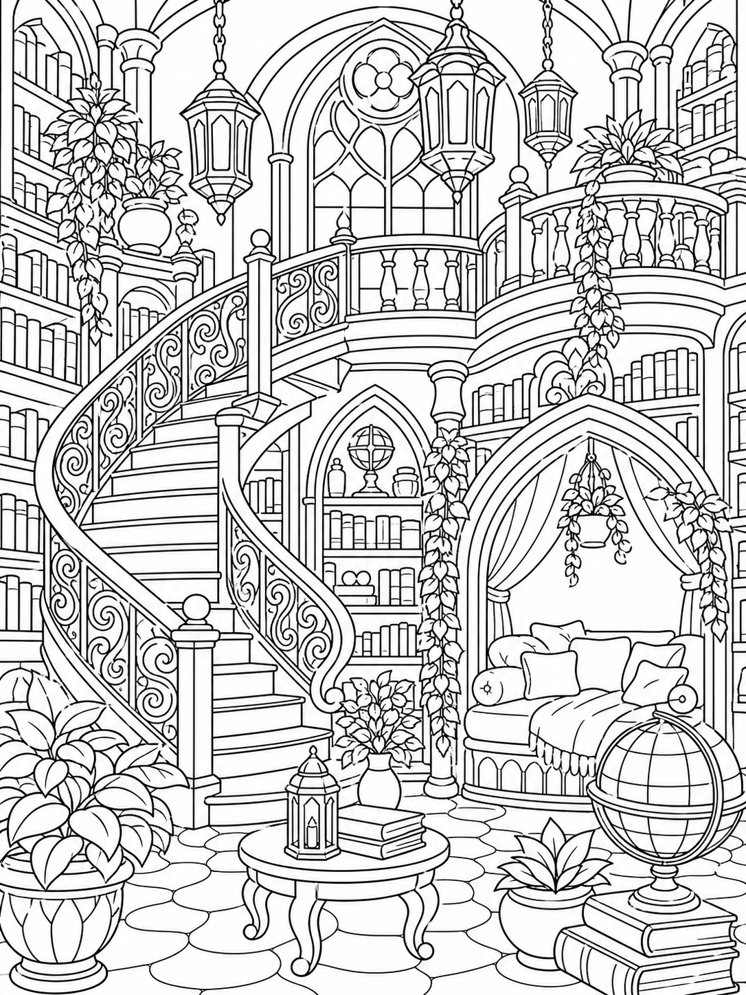 Spiral Staircase Library — detailed coloring pages