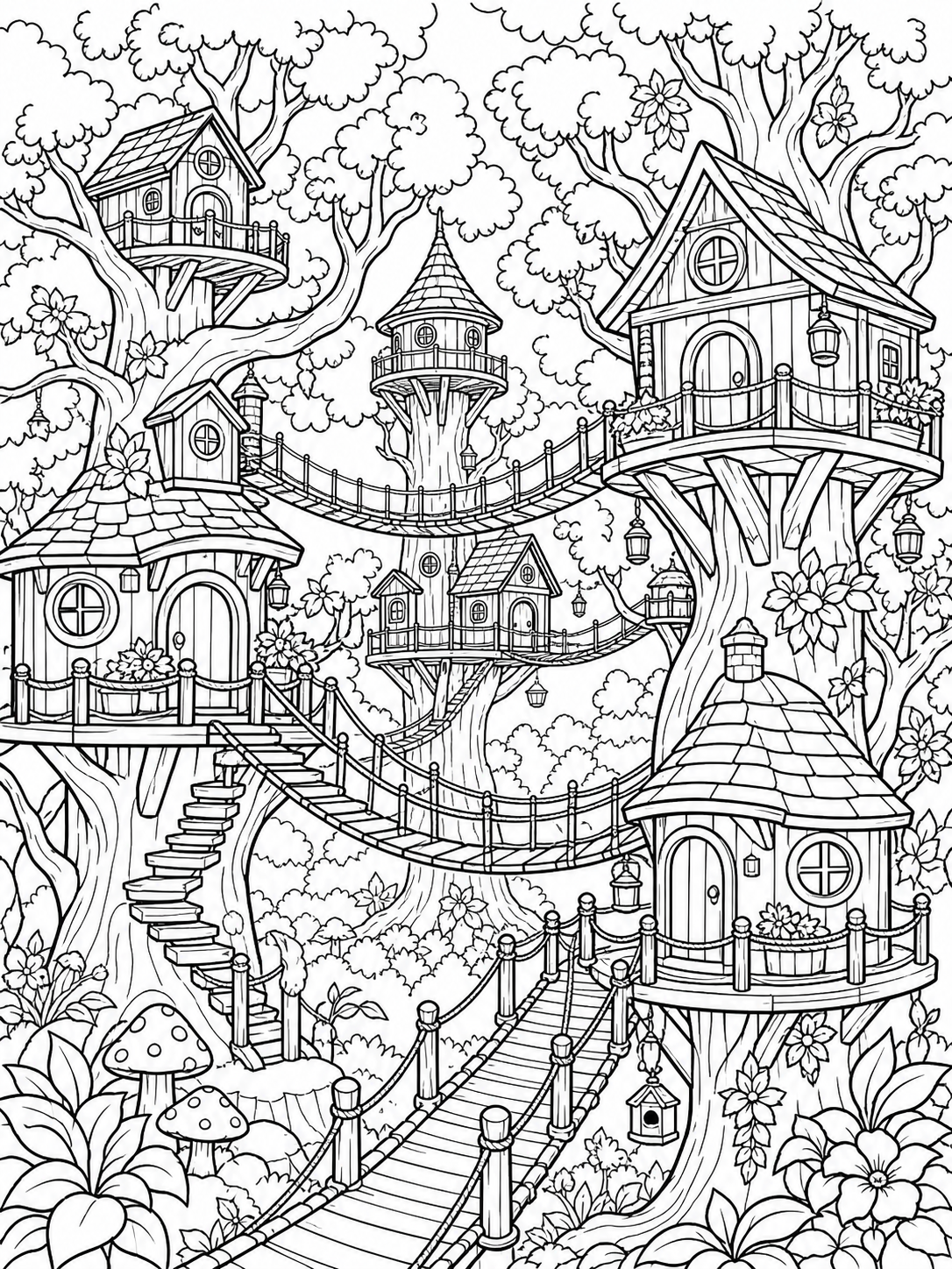 Fairytale Treehouse Village — detailed coloring pages
