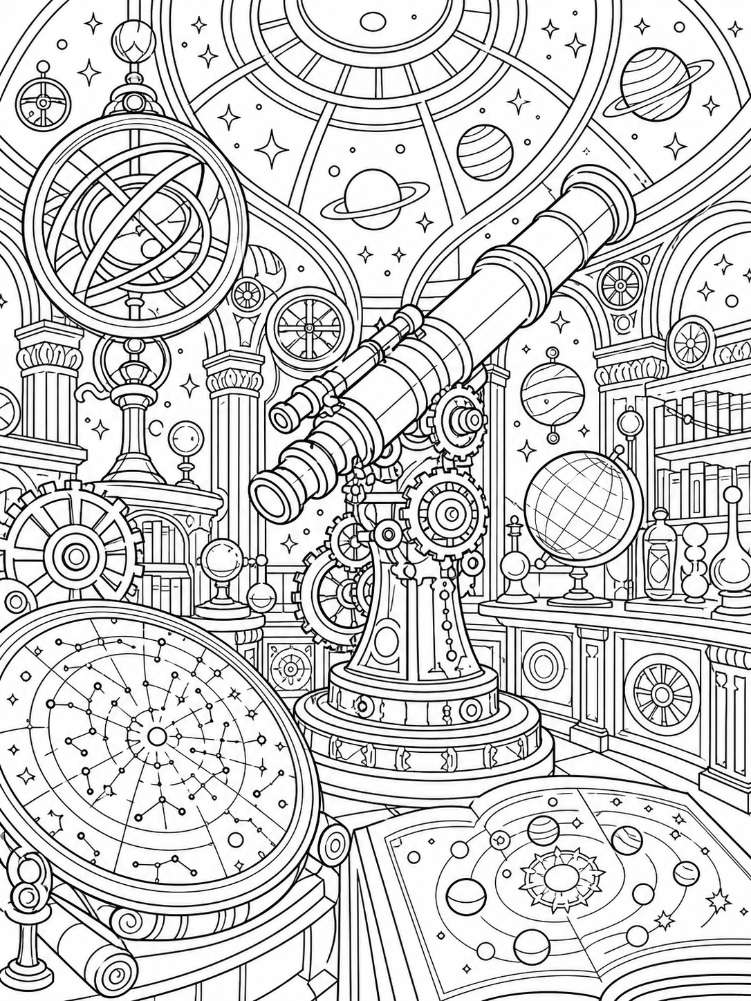 Antique Observatory Telescope — detailed coloring pages