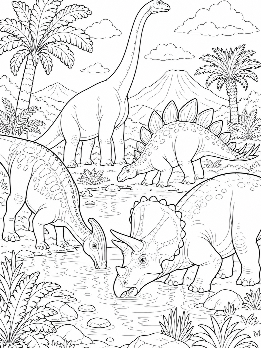 Dinosaurs At The Watering Hole — dinosaur coloring pages
