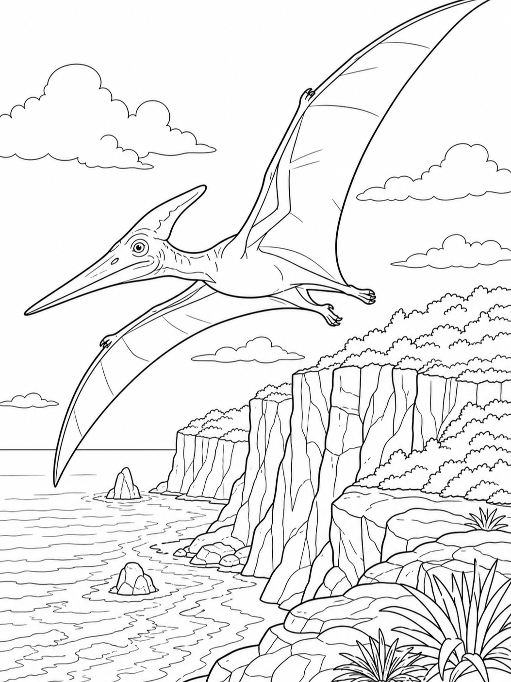 Pterodactyl Over Cliffs — dinosaur coloring pages