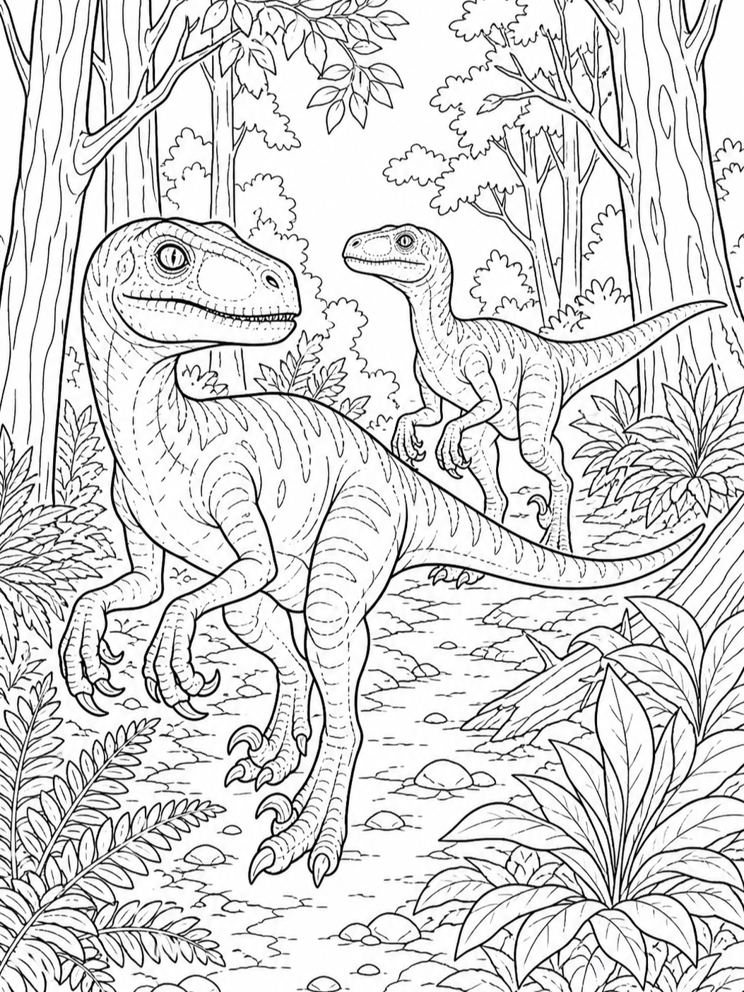 Raptors In The Jungle — dinosaur coloring pages