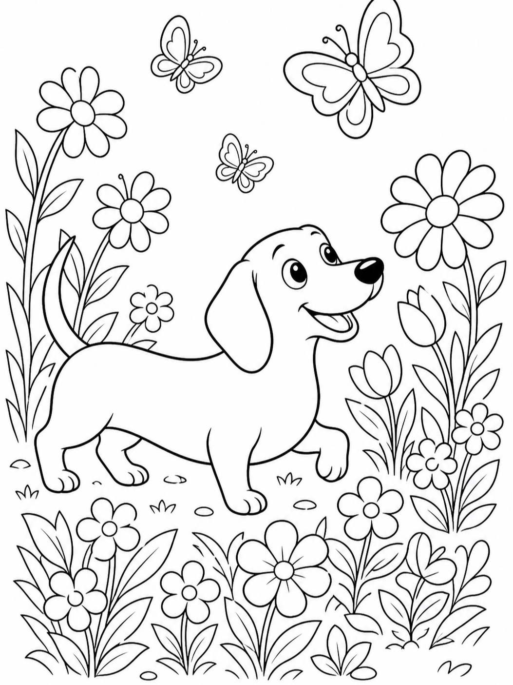Dachshund In Flower Garden — dog coloring pages