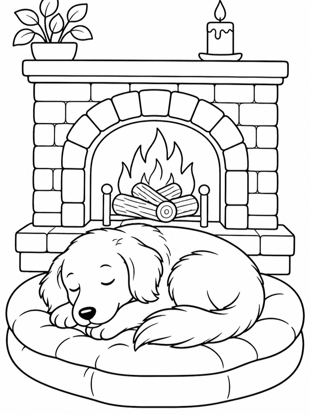 Dog Sleeping By Fireplace — dog coloring pages