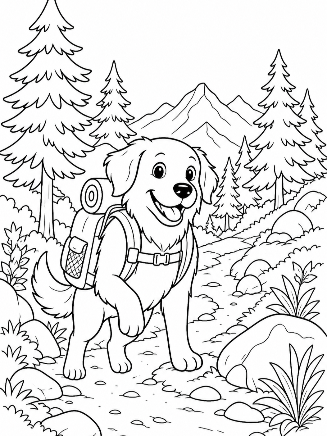 Hiking Dog With Backpack — dog coloring pages