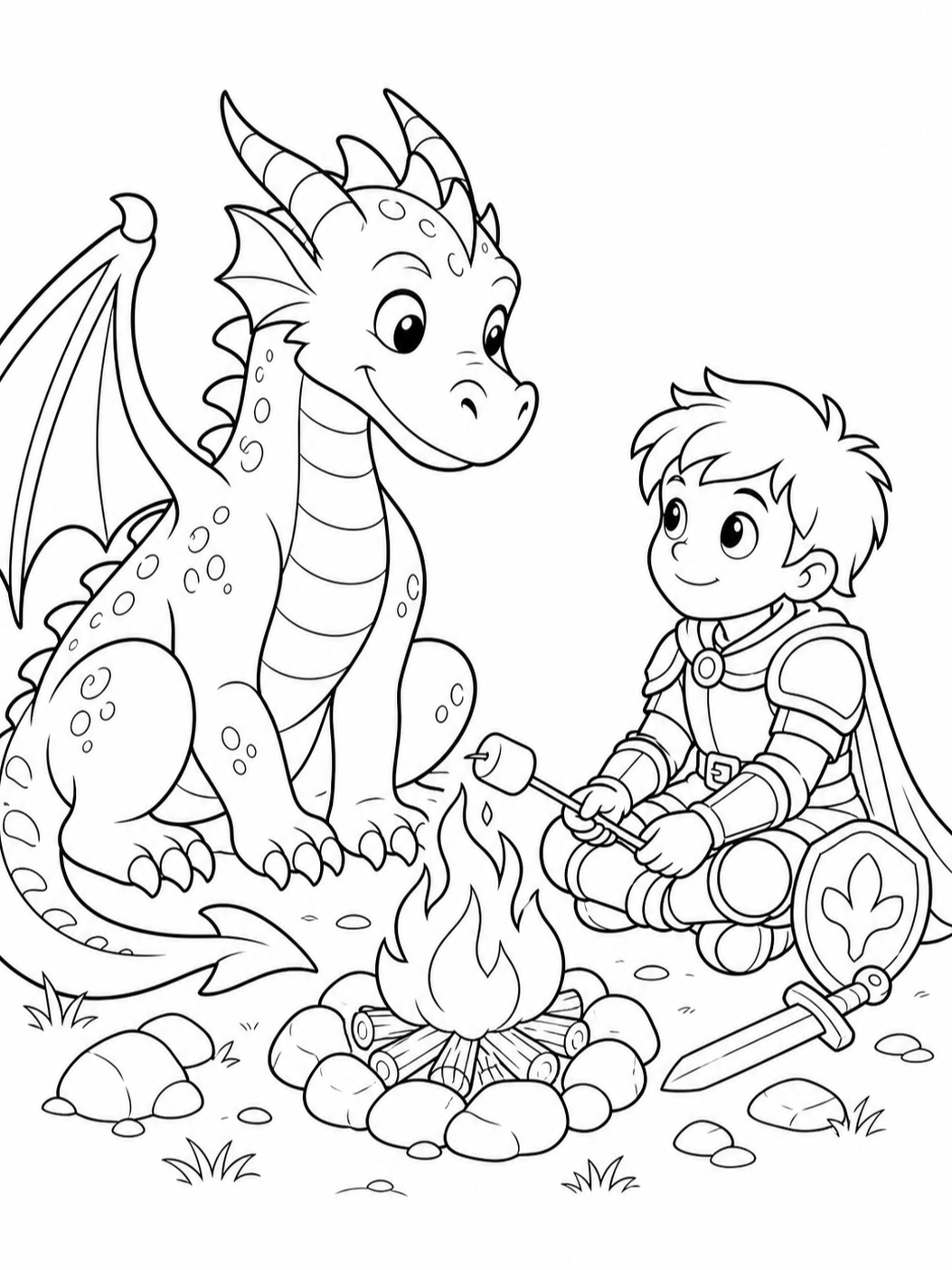 Dragon And Knight At Campfire — dragon coloring pages