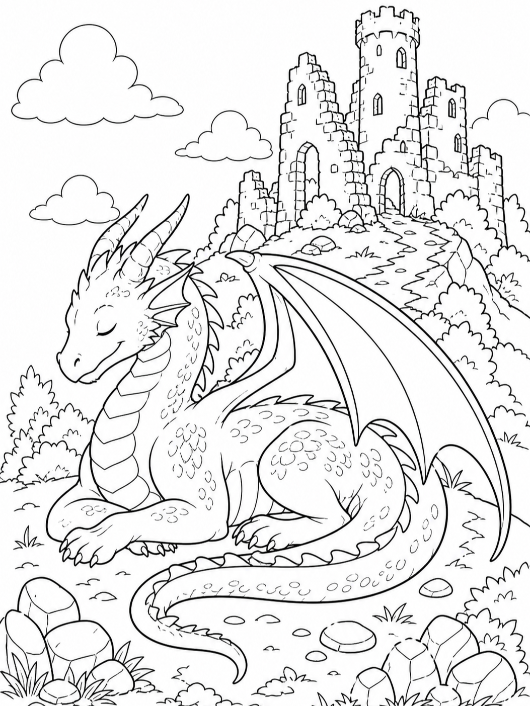 Dragon Resting Near Castle — dragon coloring pages