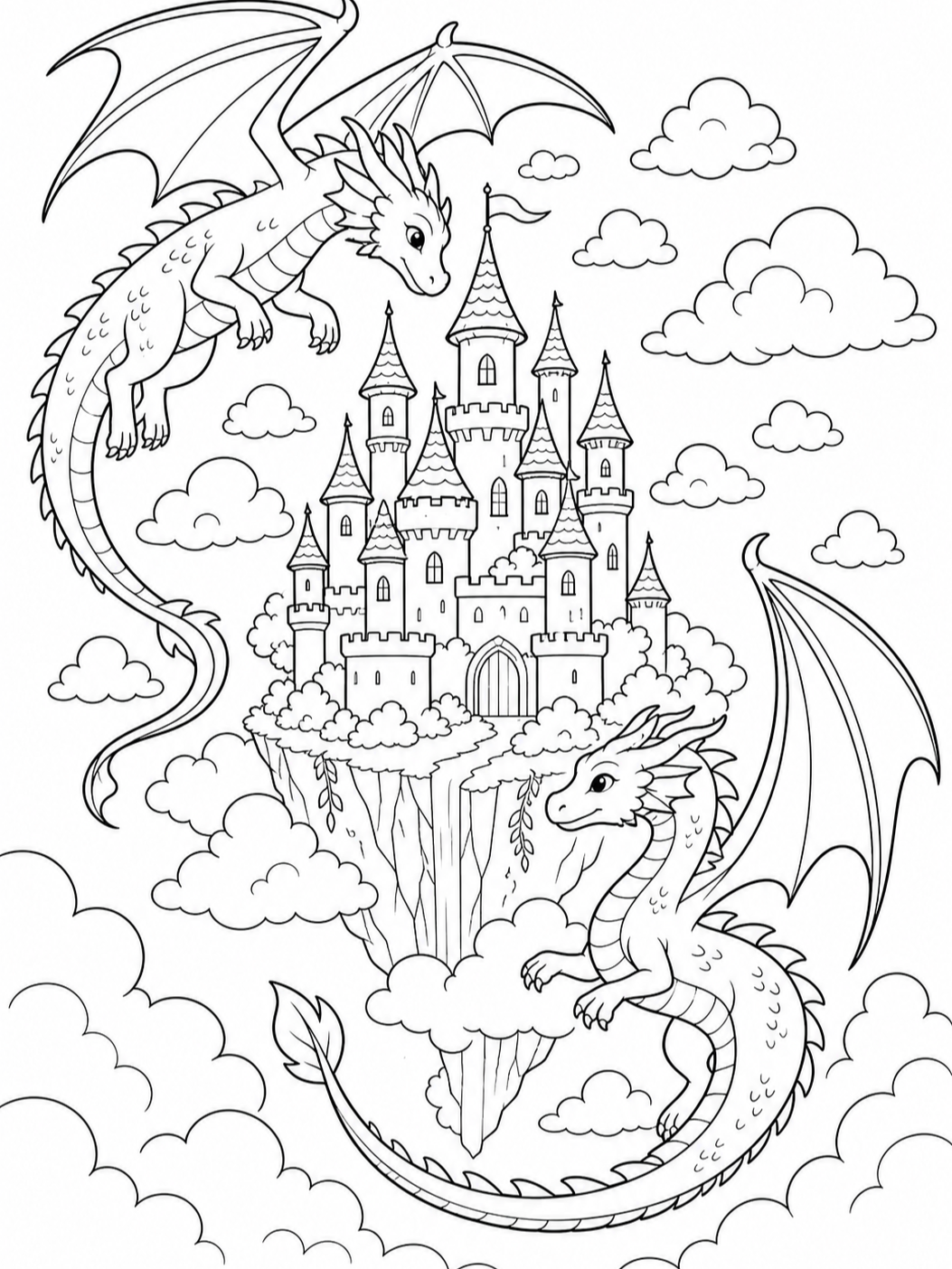 Dragons Flying Over Castle — dragon coloring pages