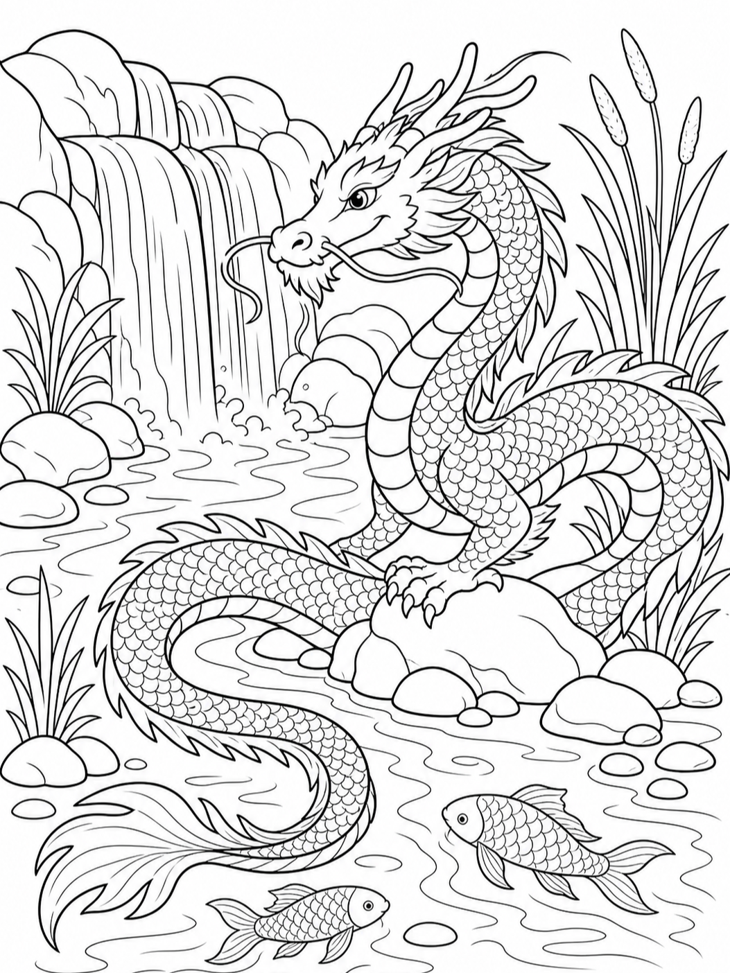 Dragon By The Waterfall — dragon coloring pages