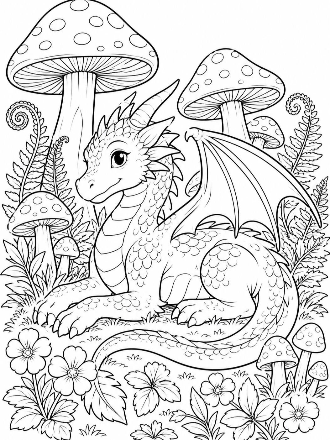 Dragon Among Giant Mushrooms — dragon coloring pages