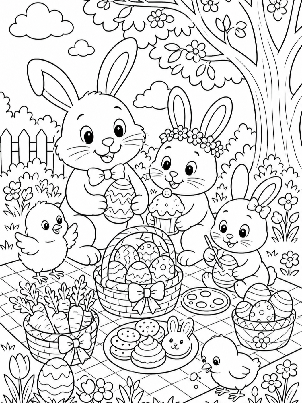 Bunny Family Easter Picnic — easter coloring pages