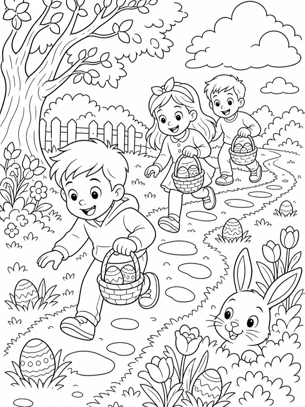 Kids On Easter Egg Hunt — easter coloring pages