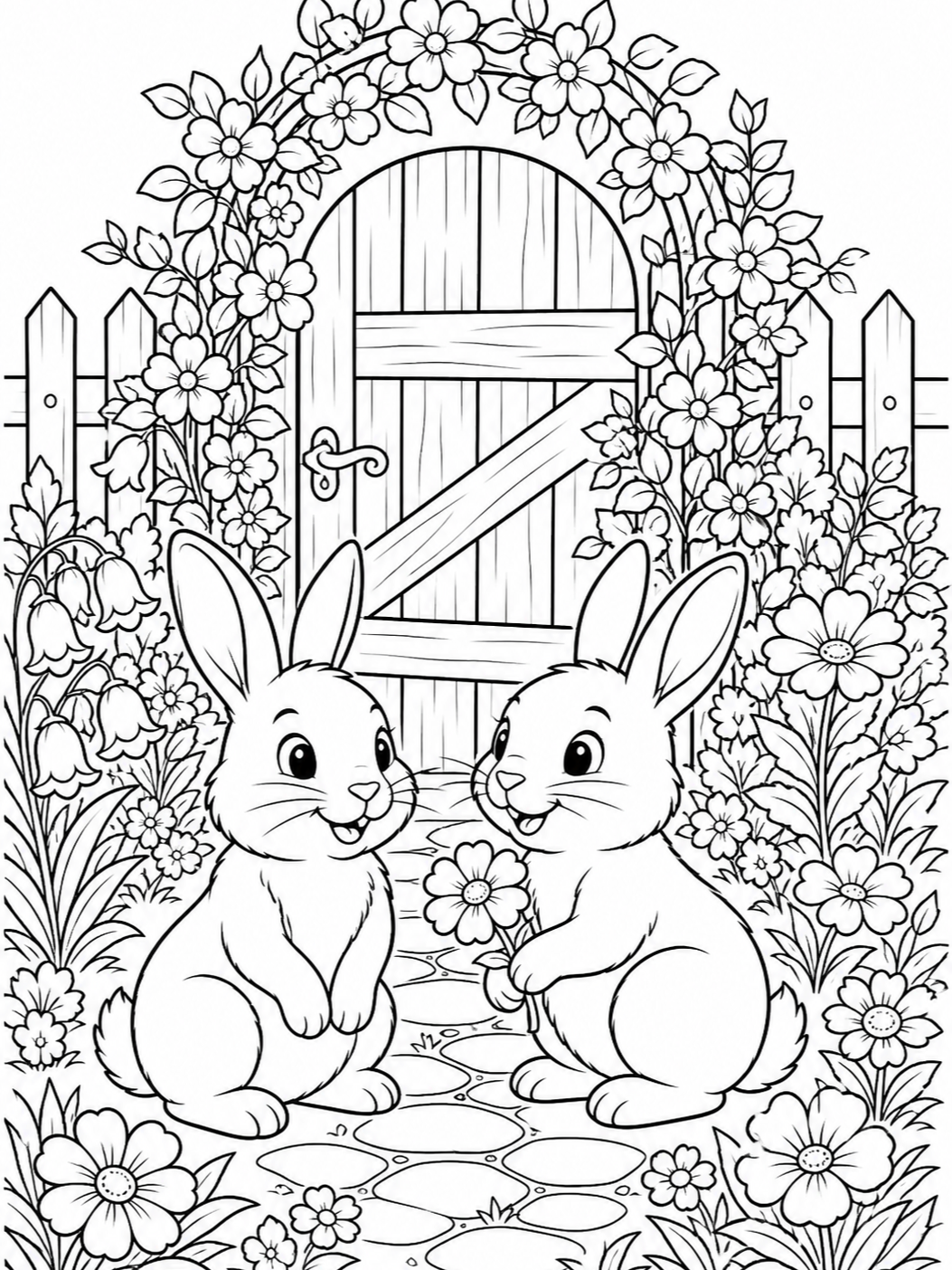 Bunnies At Garden Gate — easter coloring pages