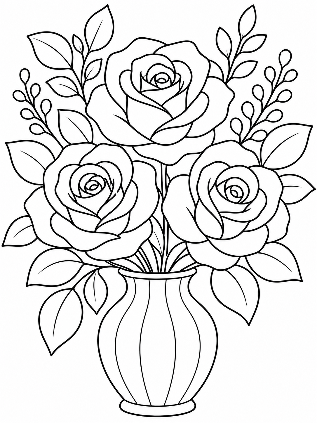 Rose Bouquet In Vase — easy coloring pages for adults
