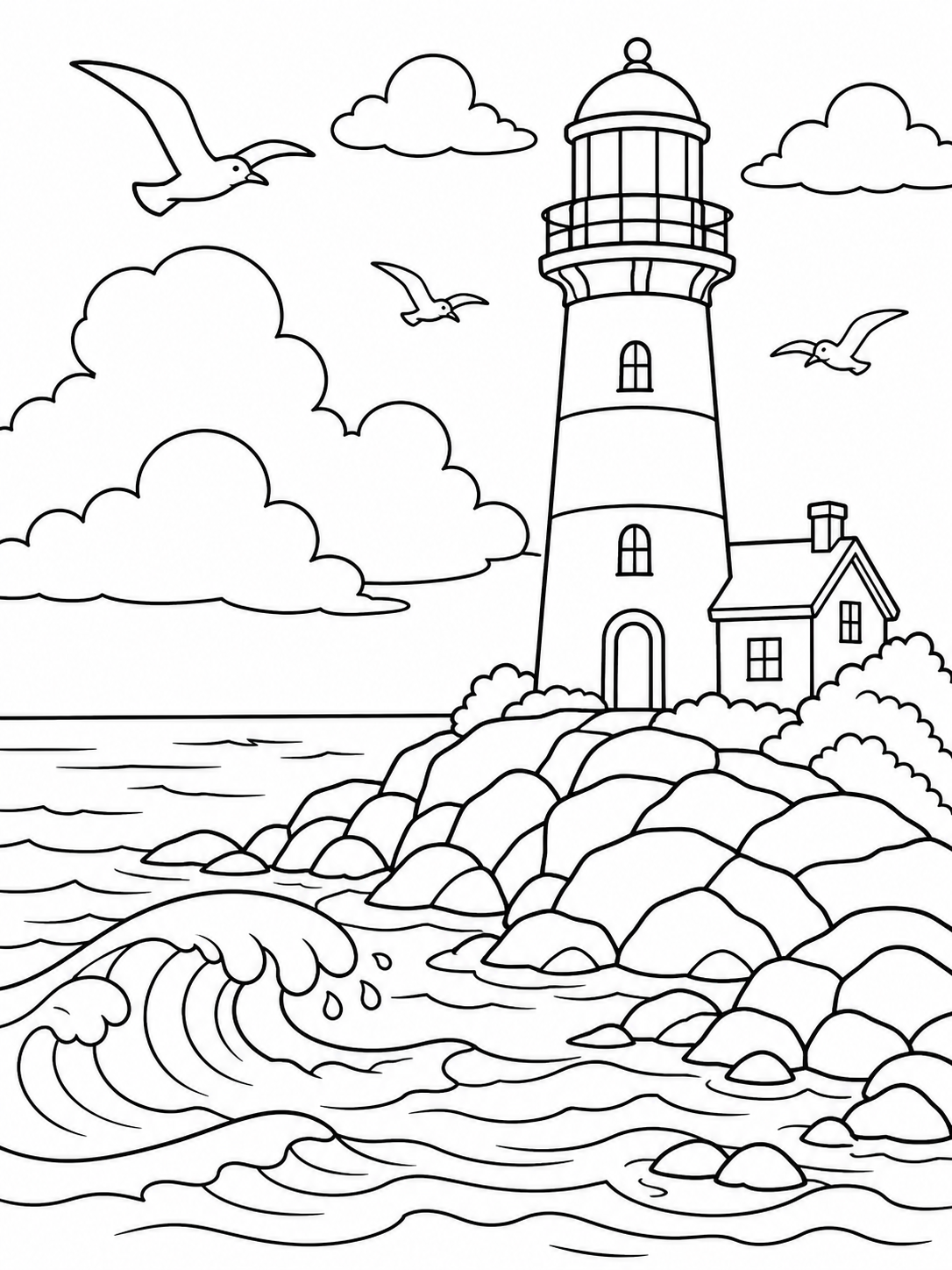 Lighthouse By The Sea — easy coloring pages for adults