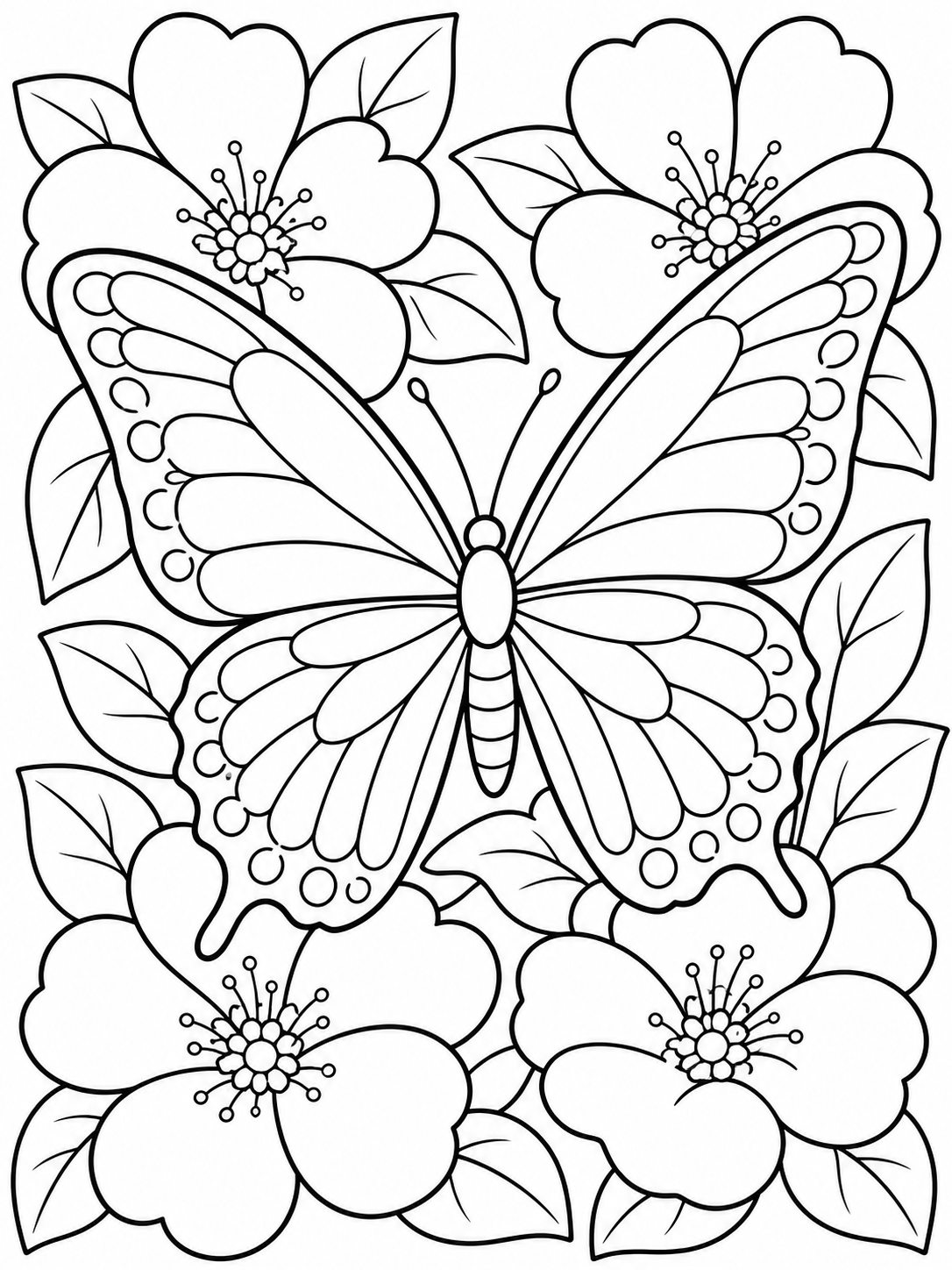Butterfly On Flowers — easy coloring pages for adults