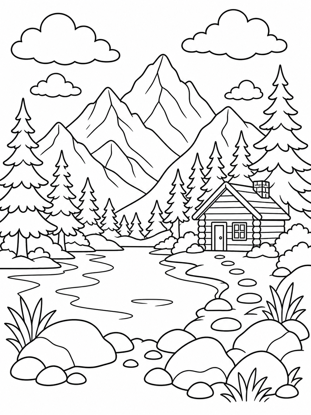 Mountain Cabin By River — easy coloring pages for adults