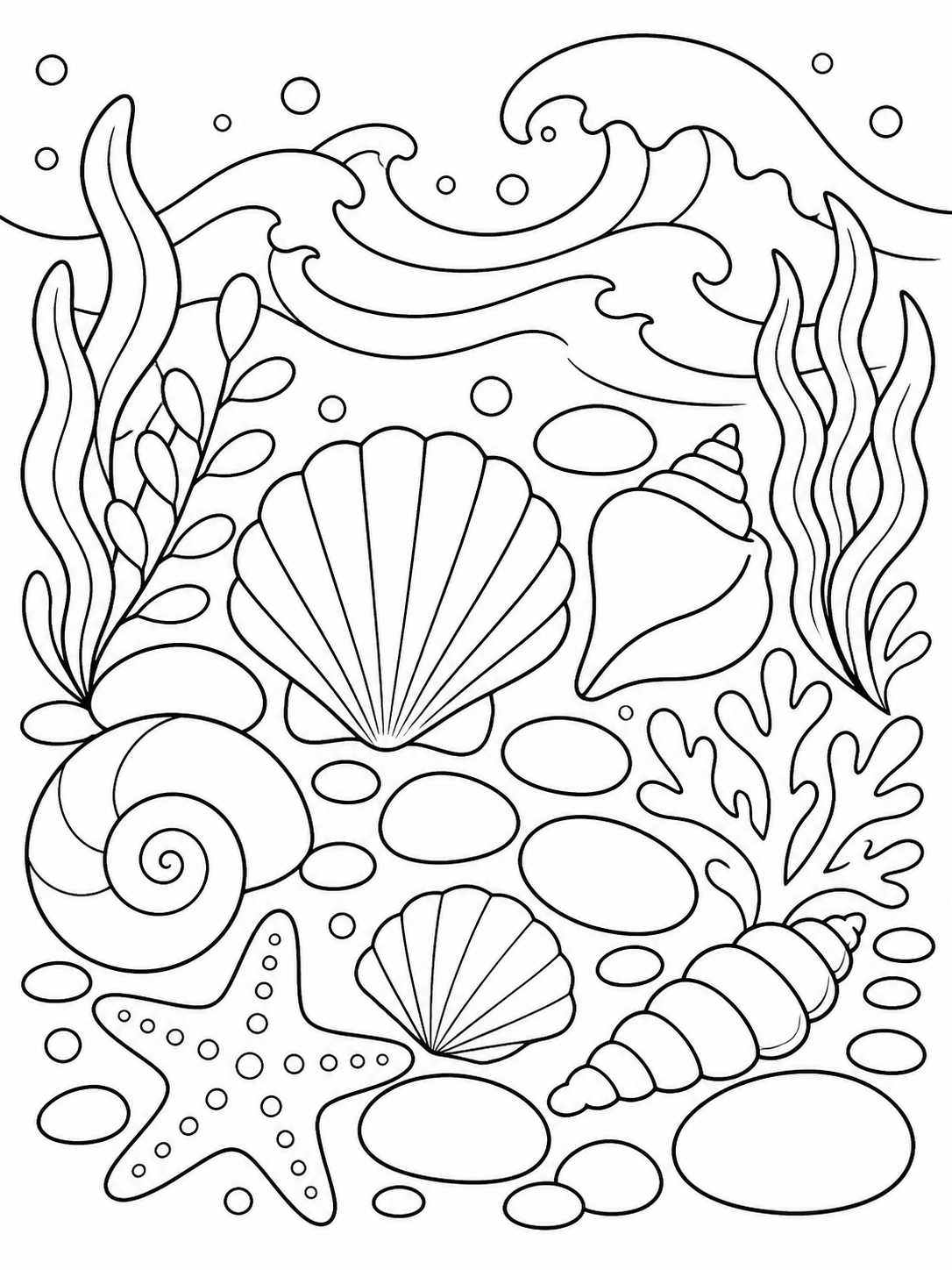 Seashells On The Beach — easy coloring pages for adults