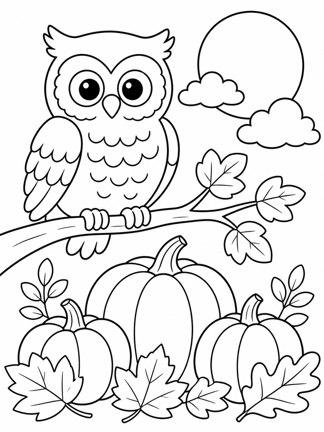 Owl On Branch With Pumpkins — fall coloring pages for kids