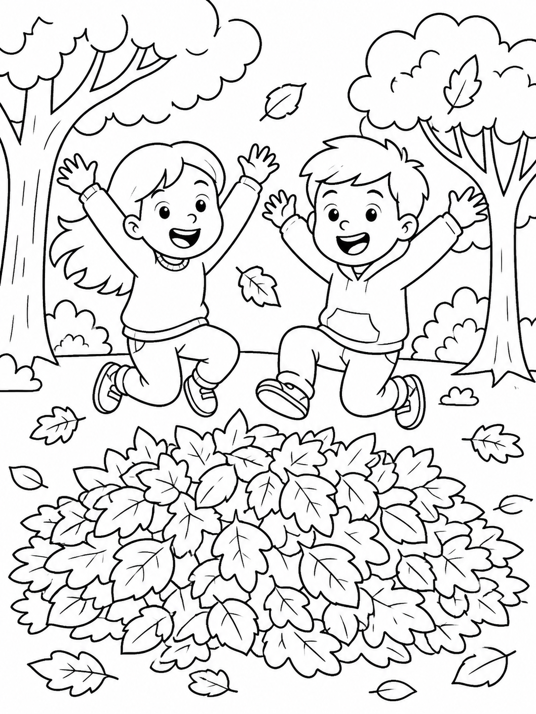 Kids Jumping In Leaves — fall coloring pages for kids