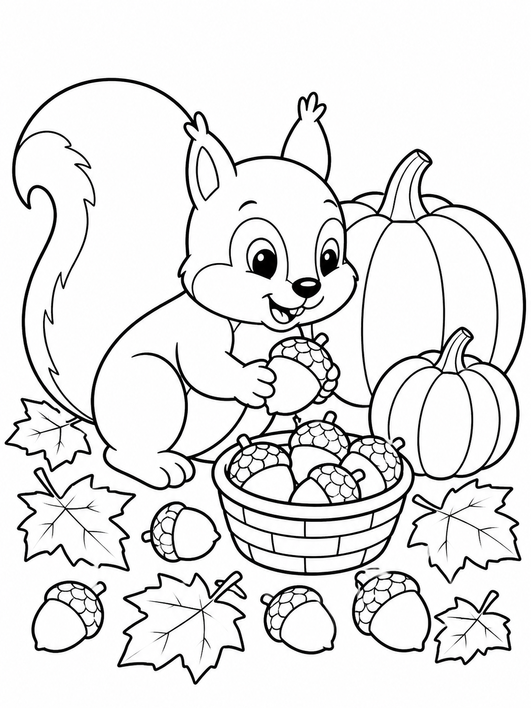 Squirrel With Acorns And Pumpkin — fall coloring pages for kids