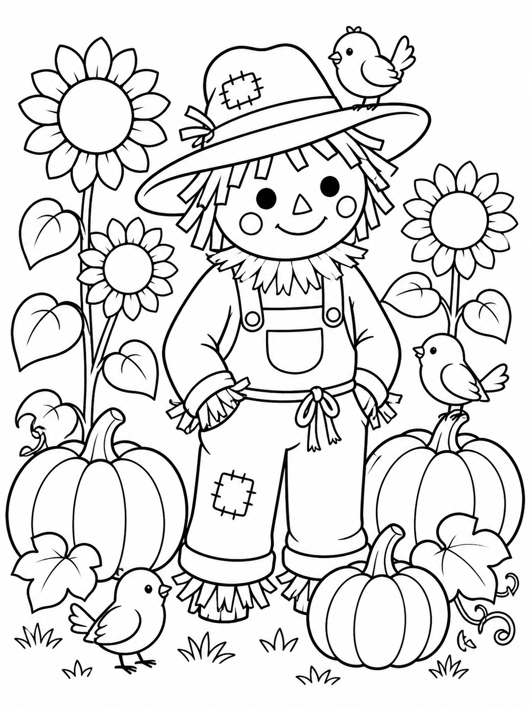 Scarecrow In Pumpkin Patch — fall coloring pages for kids