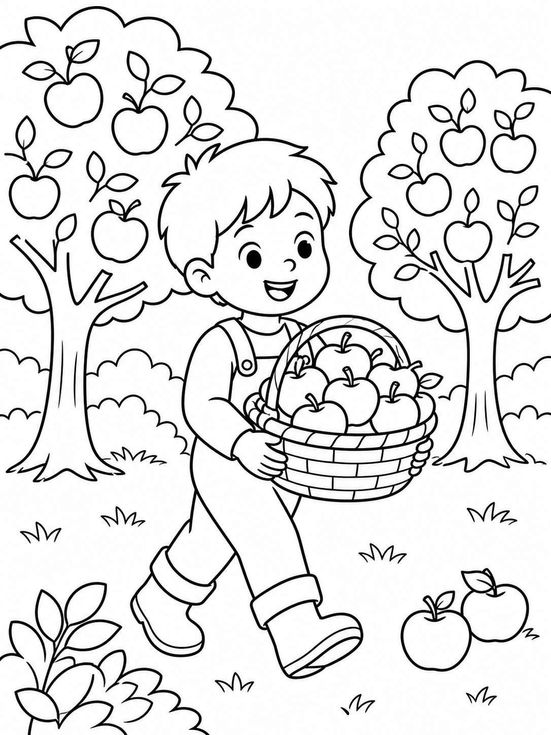 Boy Picking Apples — fall coloring pages for kids