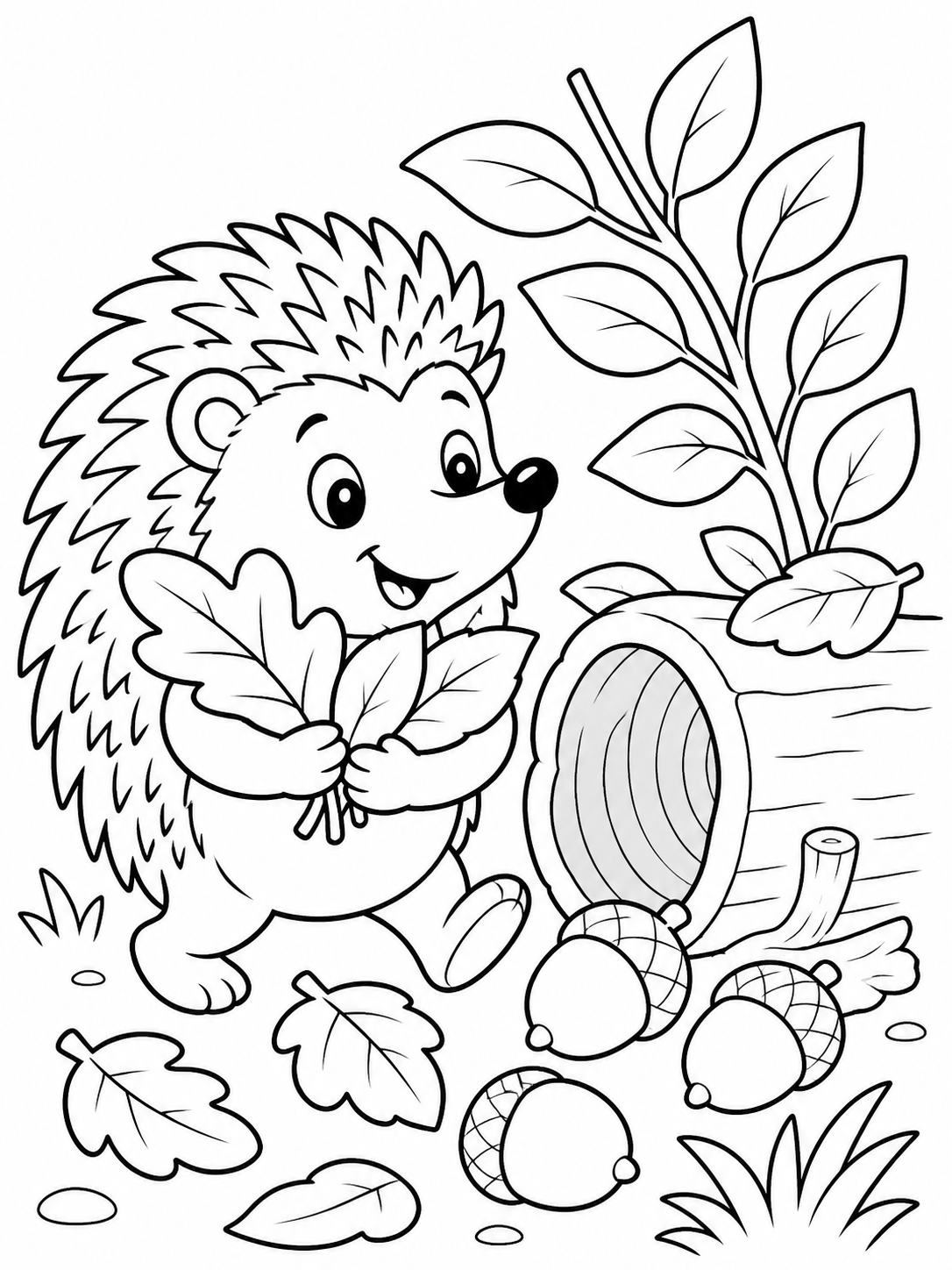 Hedgehog Holding Autumn Leaf — fall coloring pages for kids