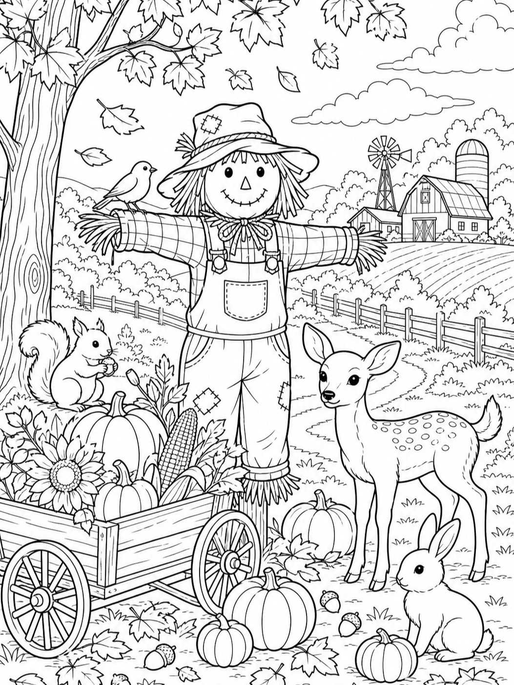 Scarecrow On Autumn Farm — fall coloring pages
