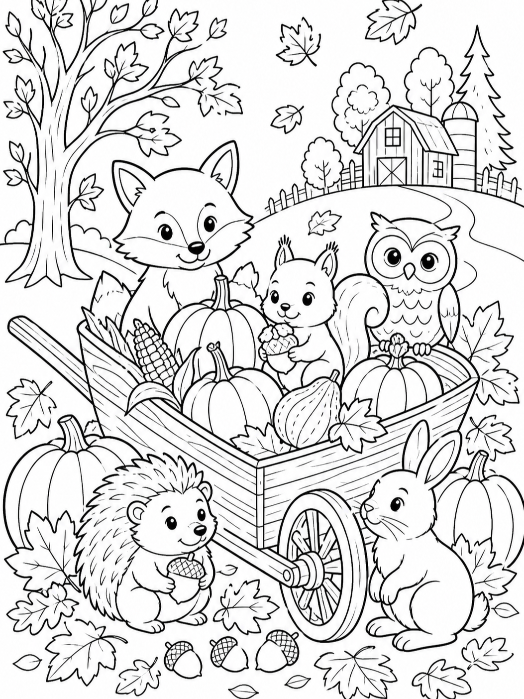 Animals In Harvest Cart — fall coloring pages