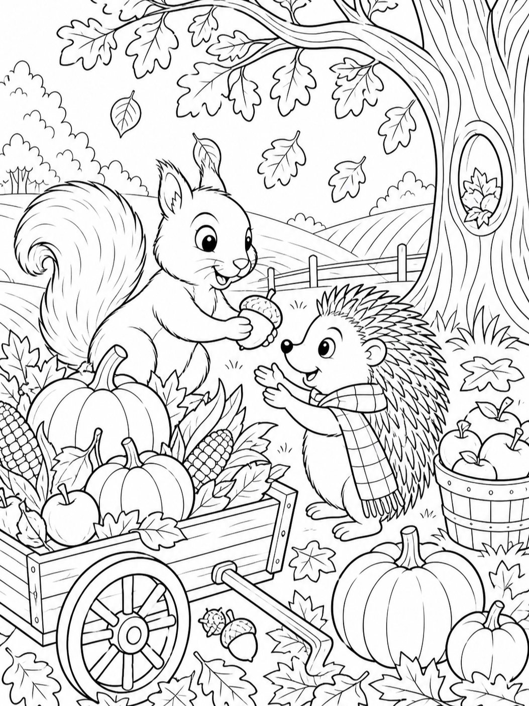 Squirrel And Hedgehog With Pumpkins — fall coloring pages