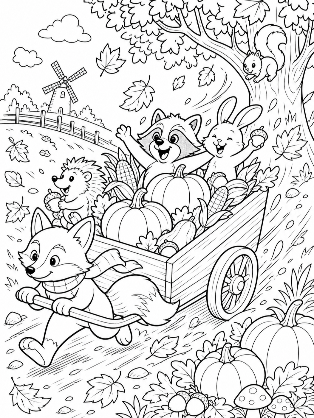 Raccoons Riding In Wheelbarrow — fall coloring pages