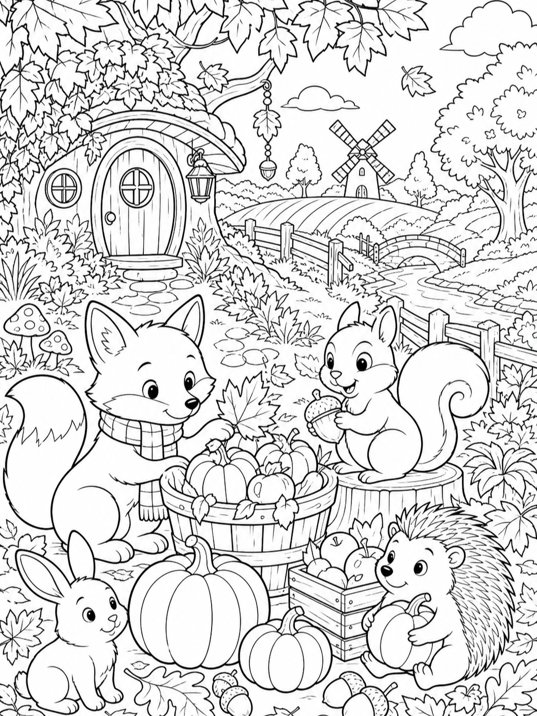 Animals Gathering Autumn Harvest — fall coloring pages