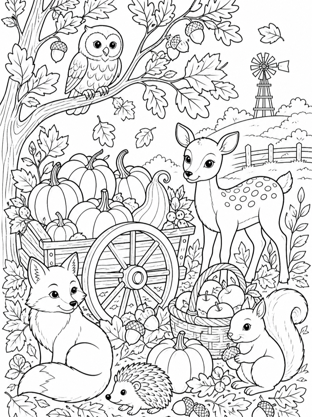 Owl And Deer In Autumn — fall coloring pages